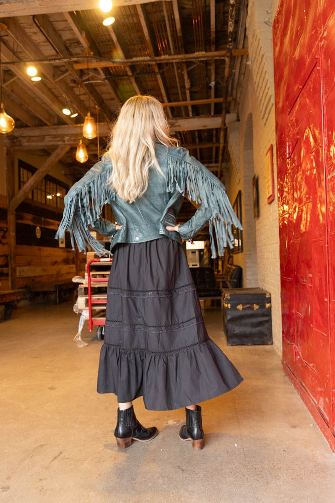 Mauritius Zoe Fringed Leather Moto Jacket - Teal