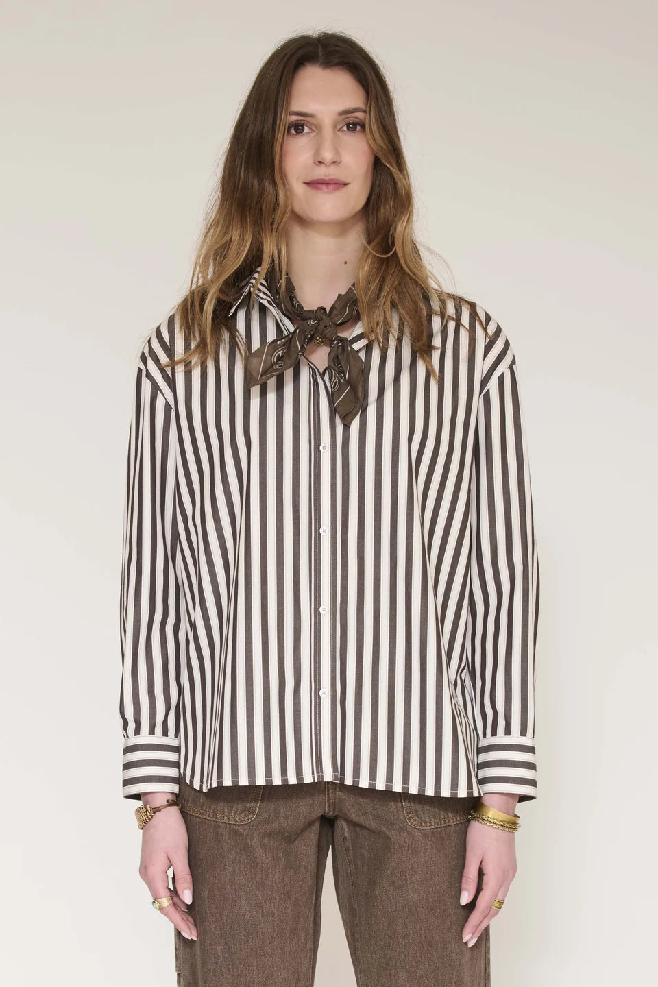 MKT Studio Cosa Striped Button-Down Shirt - Ecru & Chocolate
